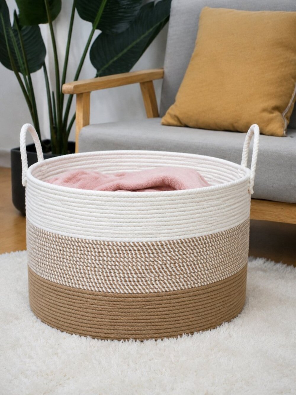 CASA LIFE DESIGNS Large Storage Durable Basket W Handles Brown White 14" x 20"